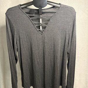 Maurices Charcoal Long Sleeve Top with Lace-Up Detail